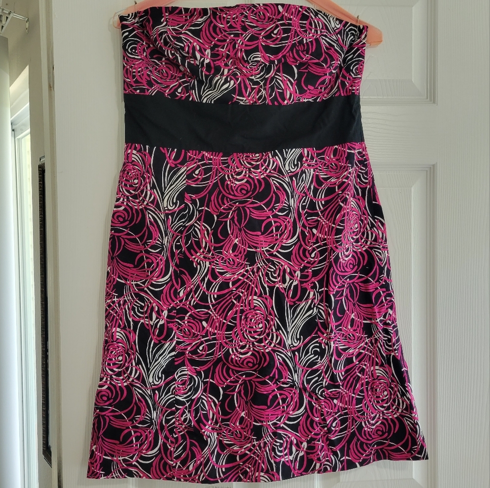 LOFT Strapless Black Pink & White Floral Swirls Dress 10 EUC Abstract Shelf Bra - Picture 1 of 10